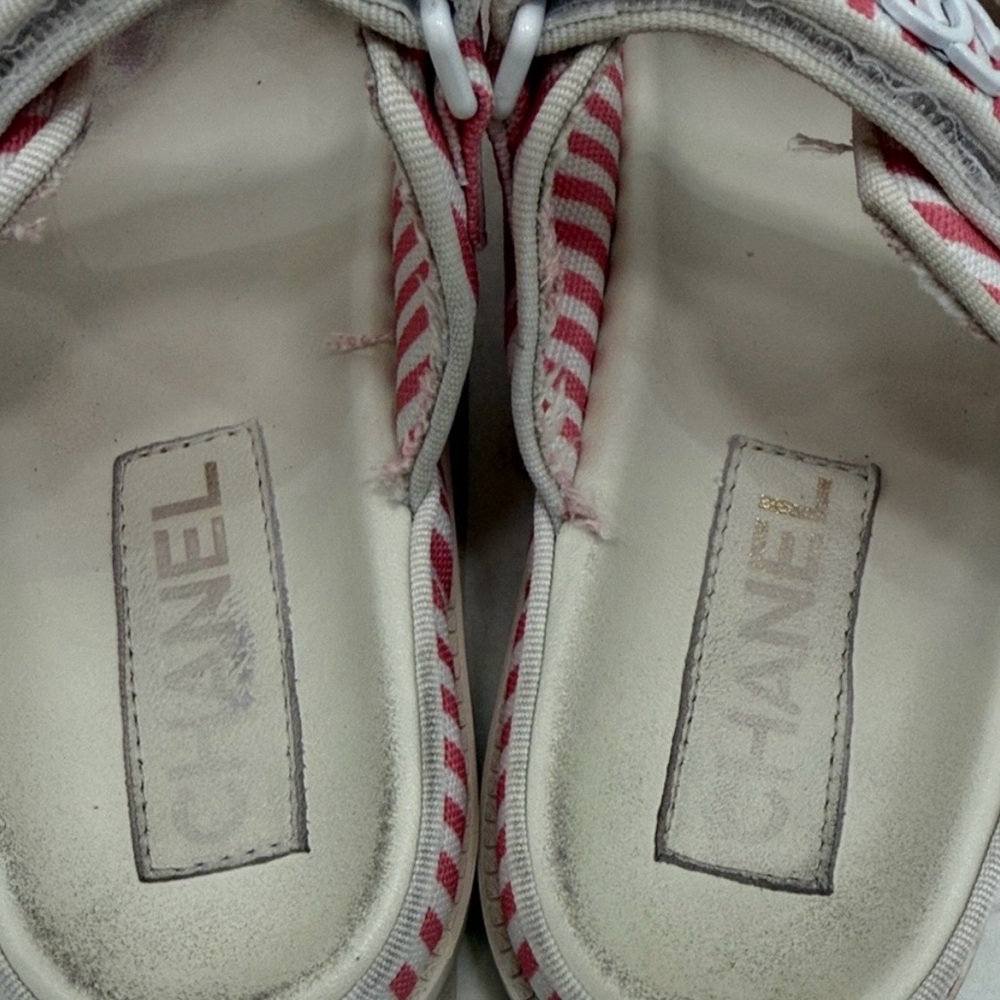 Chanel Printed Calfskin Velcro Dad Flat Mules Sandals Red Stripe 38 EU / 8 US - Picture 7 of 10